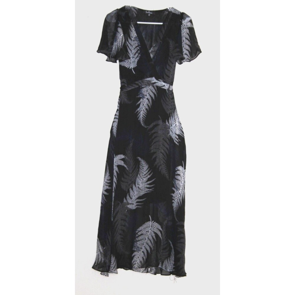 Lulus Womens Black Midi Dress Flowy Gauzy Lined Short Sleeve V Neck Fern Size XS